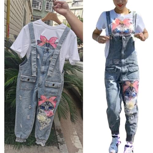 T-Shirt and Denim Jumpsuits Women 2 Piece Set 2021 Spring Fashion Loose Jeans Rompers Casual Sleeveless Overalls Women suit set