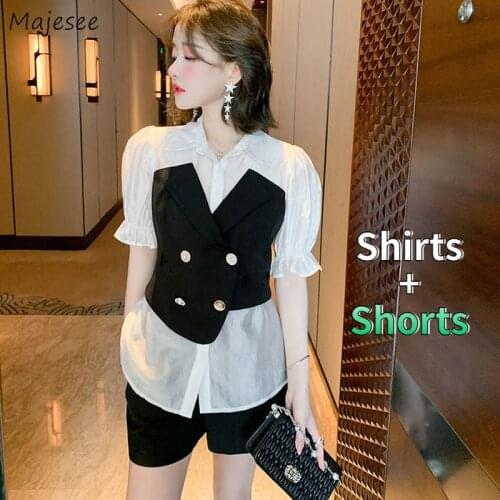 Women Sets 2 Pieces Office Lady Elegant Summer Double Breasted Spliced Designer Shirts High-waist Shorts Simple Fashion Female