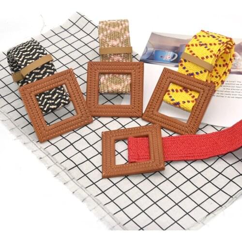 2020 Vintage Elastic Braided Waist Belt For Women Woven Female Square Wooded Buckle Belts Straw Wide Belts Dresses Waistband