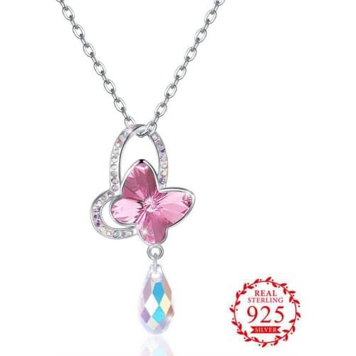 High Quality 2 Colours Lovely Hollow Butterfly Shape Crystal With Pendant 925 Sterling Silver Necklace For Women Girls