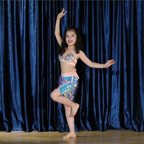2PCS/SET Sequins Kids Belly Dance Bra Costume Set Kids Backless Bellydance Performance Costume National Mermaid Dance Clothing