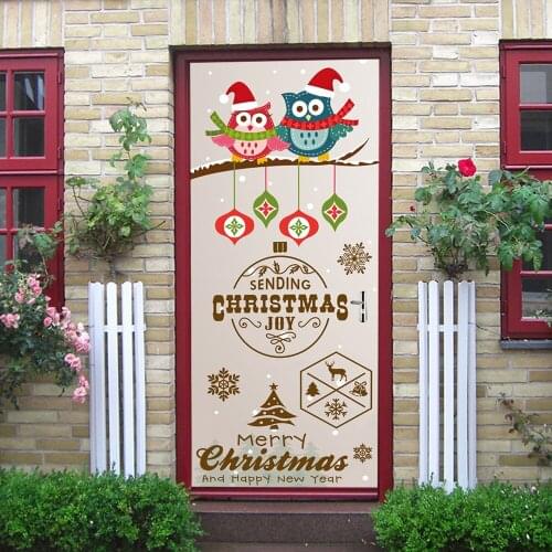 77x200cm Christmas Owl Branch Door Sticker For Living Room New Year Tree 3D Wallpaper Home Decor PVC Self Adhesive Mural Decal