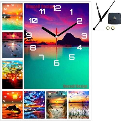 Diamond embroidery full set with clock colorful beach diamond painting beach rhinestone pictures diamond mosaic sale wall sticke
