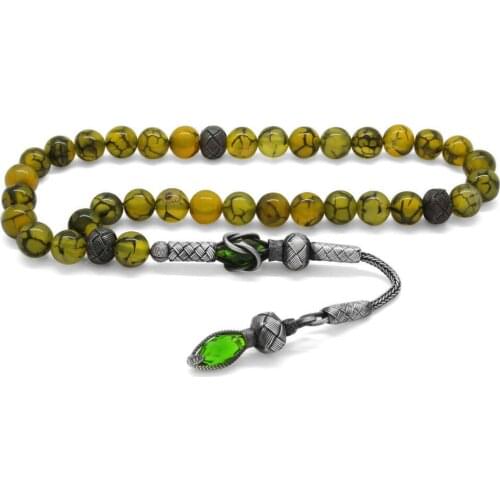 Babba 1000 Carat Silver Tassel Tasbeeh Sphere Cut Veined Agate Natural Stone Tasbih