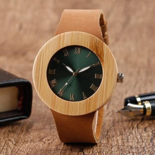 Top Brand Natural Bamboo Wood Watch Fashion Green Round Dial Quartz Wristwatches Womens Genuine Leather Band Relogio Feminino