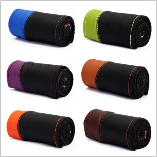 Sports Leather Steering Wheel Case Microfiber Leather Car Wheel Cover Hand Sewing Braiding Cover For Steering Wheel 38CM