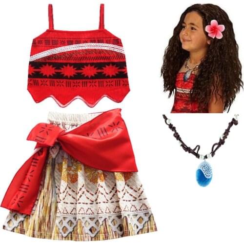 Kids Girl Princess Party Dress Moana Adventure Clothing Girls Dress Set with wig and Necklace baby Vaiana Cosplay Clothes