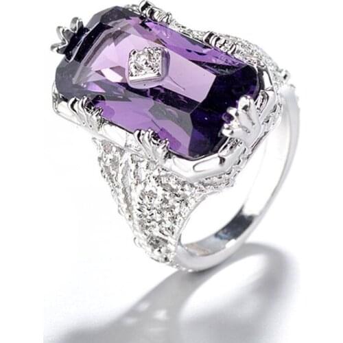 FYJS Unique 10 Pcs Silver Plated Decorative Pattern Rectangle Shape Section Amethysts Crystal Ring Fashion Jewelry