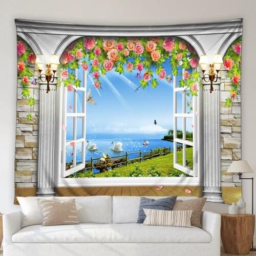 Ocean Beach Scenery Tapestry 3D Window View Green Plant Palm Tree Flower Lotus Hot Air Balloon Living Room Wall Hanging Blanket