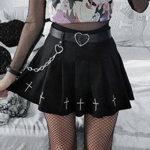 InsGoth High Waist Mini Black Skirts Gothic Streetwear Cross Print Pleated Women Skirts Casual College Lolita Harajuku Skirt