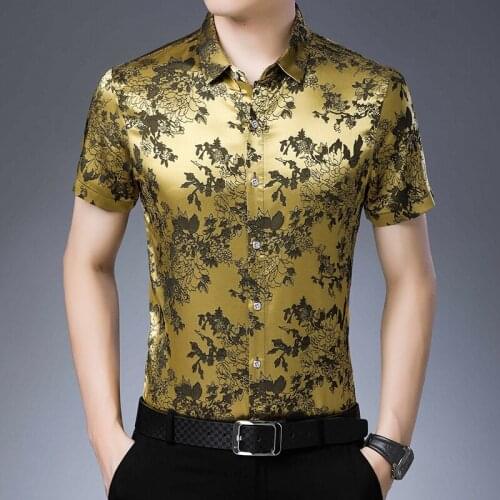 2021 Summer Mens Silk Dress Shirt Fashion Floral Clothes Male Soft Silk Shirts Short Sleeved Casual Streetwear