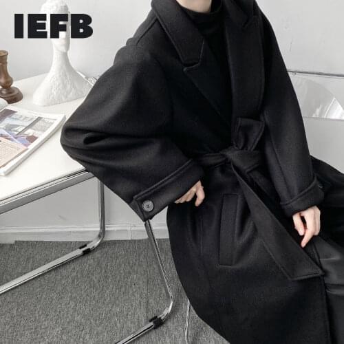 IEFB Autumn and winter mens Korean fashion woolen coat belt loose oversized doubel breasted thick clothes male causal 9Y4650