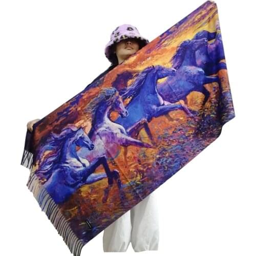 Autumn Cashmere Scarf Women Winter Warm Wrap Outdoor Cap Blanket With Tassels Ladies Designer Horses Print Pashmina Shawls 195cm