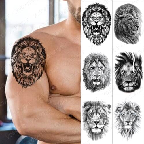 Roaring Lion Temporary Tattoo Sticker For Men Women Wolf Lightning Black Tiger Rose Waterproof Fake Henna Wild Animal Body Art
