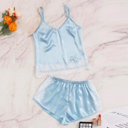 2pcs/set Sexy Female V-neck Sleeveless New Fashion Women Lace Satin Wireless Bra Camisole Pajamas Sleepwear Shorts Set Пижама