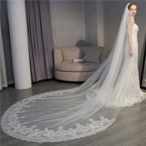 Real Photos Hot Sell 3.5m Bridal Veil Long Veil Wedding Cathedral Veil Ivory Lace Wedding Accessories EE18004