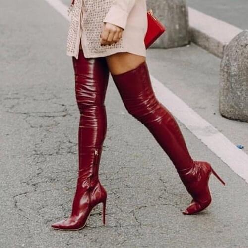 Stylish Shinny Patent Leather Over The Knee Boots Stiletto Heels Pointed Toe Tight High Boots Zipper Winter Long Boot 12cm