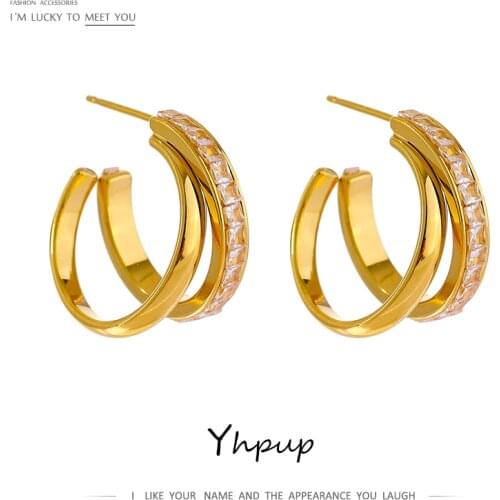 Yhpup Fashion Stainless Steel Geometric Stud Earrings Delicate Bling Cubic Zirconia Jewelry joyería acero inoxidable mujer Gift