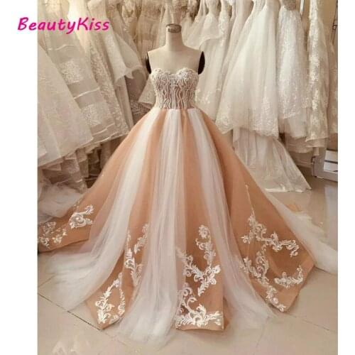 Champagne and White Ball Gown Wedding Dresses Sweetheart Lace-up Corset Top Crystal Wedding Gowns Luxurious Bridal Dress 2021