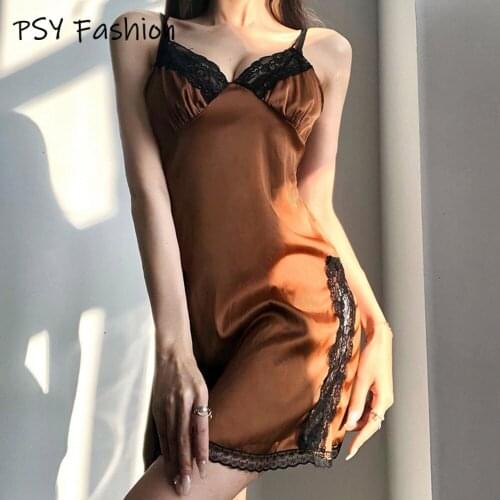 Y2K Aesthetic Satin Mall Goth Mini Dress Women Lace Trim Vintage Kawaii Clothes Sleeveless V Neck Sexy E Girl Summer Dresses