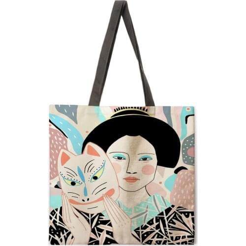 Japanese Ladies Painting Printed Tote Bag Womens Casual Portable Ladies Shoulder Bag Foldable Shopping Bag Outdoor Beach Bag