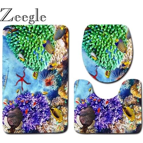 Zeegle 3pcs Bathroom Mat Set Under Water World Bath Mat Toilet U Type Mat Lid Toilet Cover Anti-slip Bathroom Foot Rug Floor Rug
