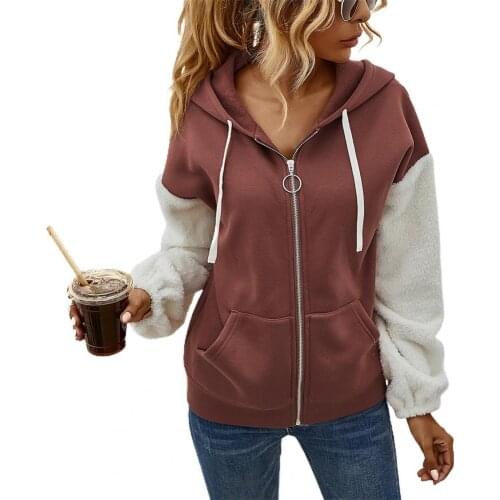 Plush Hoodie Women Stylish Contrast Color Patchwork 2021 Hot Women Harajuku Hooded Drawstring Zipper Hoodie Sweatshirt свитшот