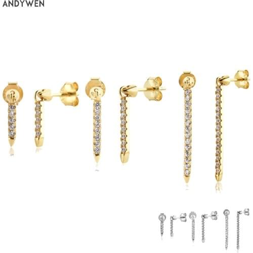 ANDYWEN 925 Sterling Silver Gold 9.5mm 14mm 25mm Line Long Eternity Bar Threaded Charm Earring Line Women Piercing Pendientes
