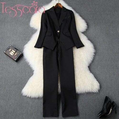 TESSCARA Women Runway Designer Elegant Blazer Pant Suit Set High Quality Cocktail Party Two-piece Suits Black Office Pants Sets