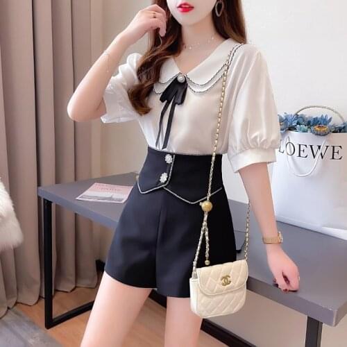 Women 2021 Summer New Fashion Two-piece Sets Female Solid Color Bow Chiffon Shirts Ladies High Waist Loose Shorts Suits Y193