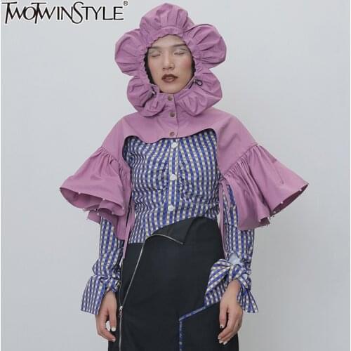 TWOTWINSTYLE Patchwork Beads Ruched Pashminas For Female Hooded Collar Half Sleeve Drawtring Lace Up Pashmina Women Fashion Tide