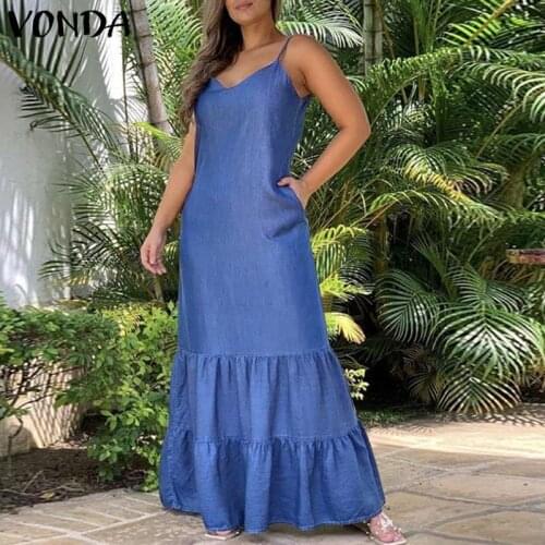 VONDA Women Dress 2021 Summer Long Maxi Ruffled Hem Vestidos With Pockets Sexy V Neck Sleeveless Solid Pleated Denim Dresses
