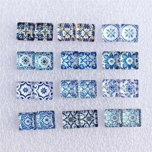 10mm Square Blue and white porcelain Mixed Style In Pairs Pattern Glass Cabochon Flatback Photo DIY Making Accessories 50pcs/lot