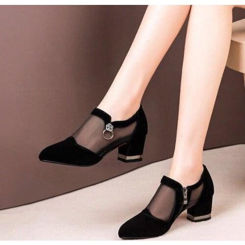 2020 Women High Heel Shoes Mesh Breathable Pumps Zip Pointed Toe Thick Heels Fashion Female Dress Shoes Elegant Footwear