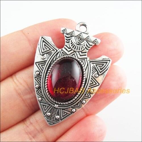 4Pcs Tibetan Silver Tone Shield Red Glaze Charms Teardrop Pendants 31x45.5mm