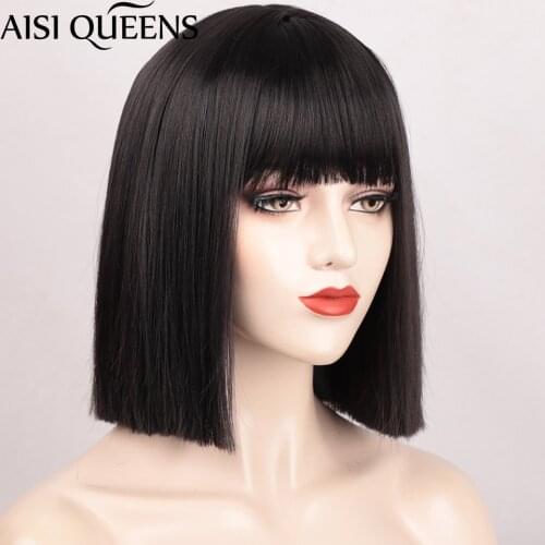 AISI QUEENS Short Straight Black Wigs Synthetic Wigs for Women Pink Purple Red Daily Hair High Tempearture Fiber