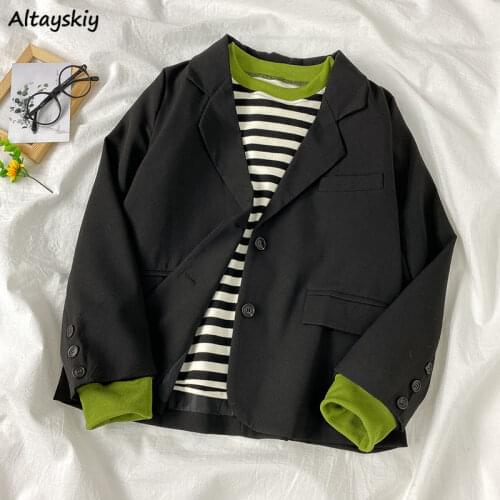 Blazers Women Pockets Loose Single-breasted Office Korean Solid Spring Style Notched Casual Chic Elegant Vintage Ins Harahaku