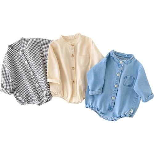 2021 Spring Baby Romper Solid Denim Beige Plaid Cotton Infant Bodysuit climb clothes Girl Boy Outfit Pocket Button Outwear