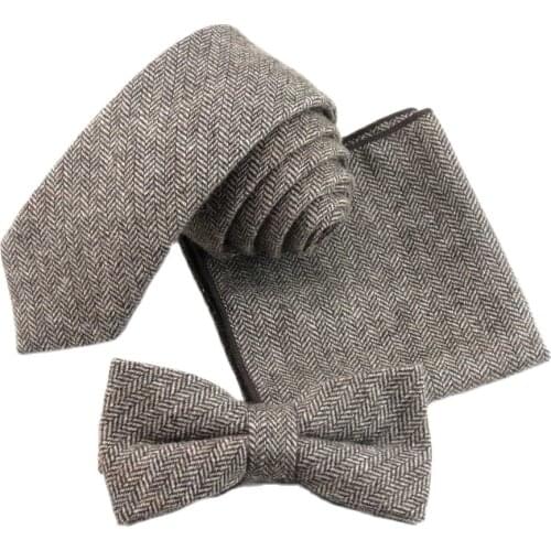 6cm Solid Tie Set 100% Wool Mens Ties Bowtie Pocket Square Hanky Slim Ties For Men Wedding Party Gravata cravate pour homme