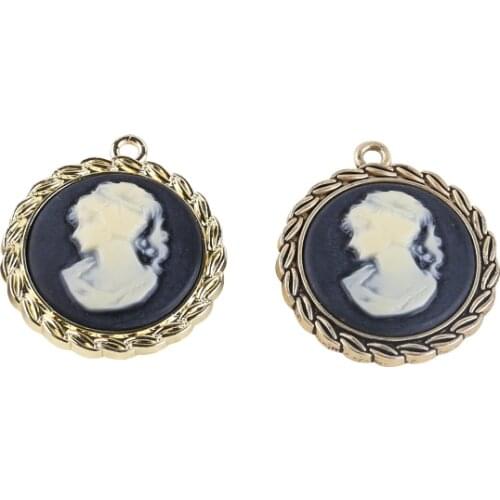 Resin Beauty Head Resin Cabochon Decorated Rhinestone Alloy Blank Setting Charms Pendants DIY Jewelry Findings 23*26mm 20pcs