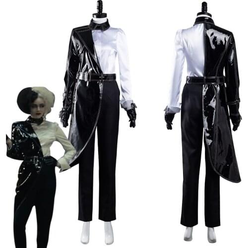 Movie Cruella Cosplay Costume Black White Shirt Coat Pants Outfits Halloween Carnival Suit