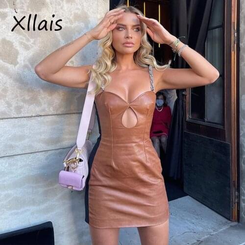 XLLAIS Chain Strap Leather Bodycon Dress High Street Sexy Cool Styles Outfits Hollow Out V-neck Pu Robe Holiday Club Party Wear