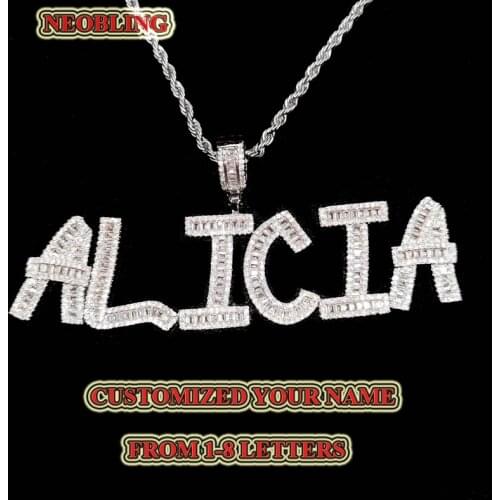 Custom You Name Baguette Letters Hip Hop Iced Out Pendant with Rope Chain Silver Color Bling Zirconia Womens Hip Hop Gift