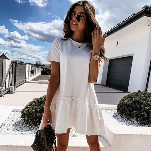 Summer Women Ruffles Mini Dress Fashion Loose Female White Short Dresses 2021 New Casual O Neck Short Sleeve Lady Beach Vestidos