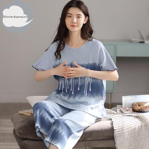 Summer Cotton Yellow Cartoon Pajamas Sets Women Pyjamas Sleepwear Nightwear Pijama Mujer Size M-2XL Calf-Length Pants Homewear