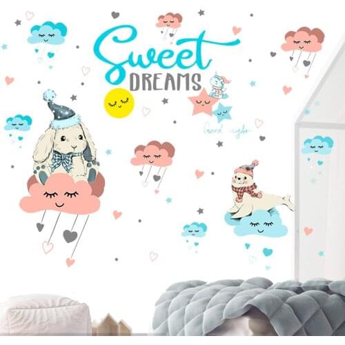 Hot Creative Cartoon Cloud Rabbit Wall Sticker Childrens Room Bedroom Background Wall Sweet Dreams Self Adhesive Wall Sticker