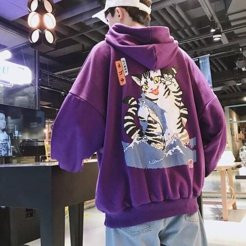 Fashion Men Tops Streetwear Funny Cat Hooded Hoodies Mens Hip Hop Amine Sweatshirts Male Korean Fashions Harajuku Purple Hoodie