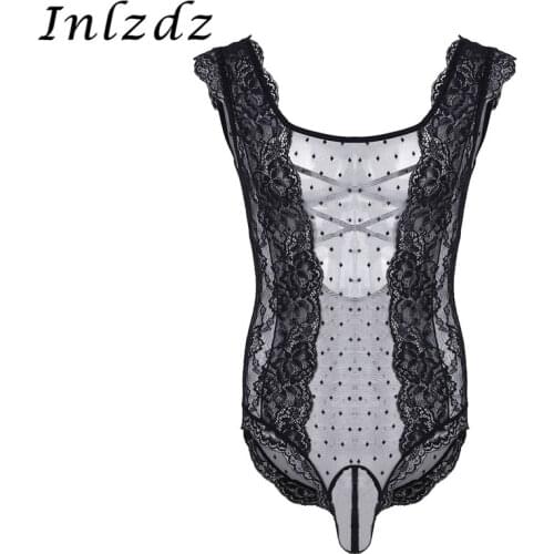 Mens Lingerie Sissy Crossdress Bodysuit Lace Polka Dots See Through Bodysuit Mesh Pouch Erotic Hot Sexy Crossdressing Costume