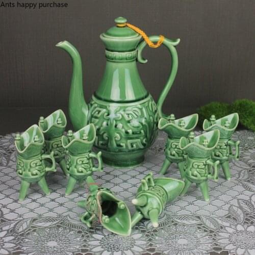 Celadon Antique Wine Set Set Combination Retro Court Style Flagon Wine Glass Nine Piece Set Green Ceramics Palace Drinkware