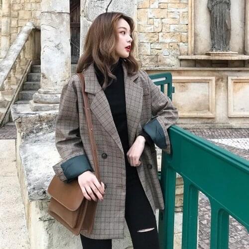 Newest Autumn Vintage Double Breasted Office Ladies Plaid Blazer Longsleeve Loose Retro Suits Coat Jacket Women Blazers Female